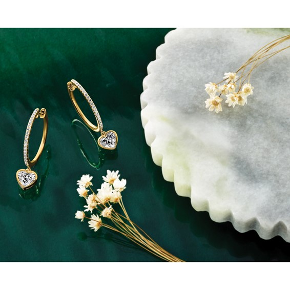 True Origin 14k Yellow Gold 2 3/8 carat Lab Grown Diamond VS+ F+ Complete Heart Bezel-Set Dangle In/Out Hoop Earrings