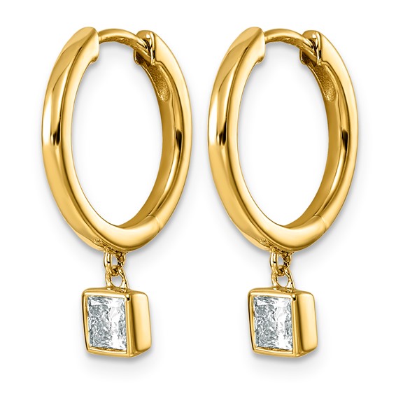 14ky 1/2ct LabGrown Dia VS+ F+ Dangle Princess Bezel Comp Hoop Earrings
