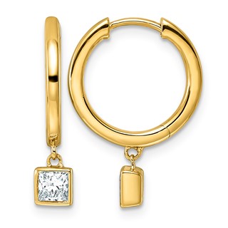 14ky 1/2ct LabGrown Dia VS+ F+ Dangle Princess Bezel Comp Hoop Earrings