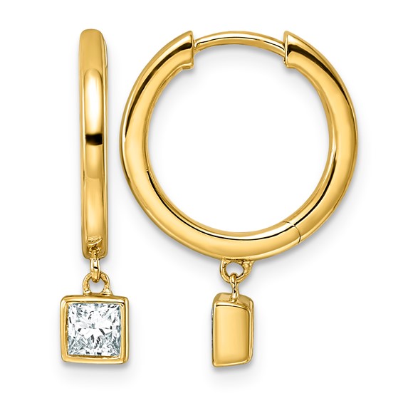 14ky 1/2ct LabGrown Dia VS+ F+ Dangle Princess Bezel Comp Hoop Earrings