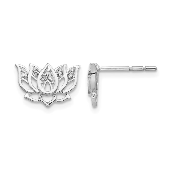 14k White Gold 1/20 carat Diamond Lotus Flower Post Earrings