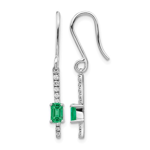 14K White Gold 0.12 Carat Lab Grown Diamond VS SI+ G+ and Created Emerald Complete Sheppards Hook Earrings