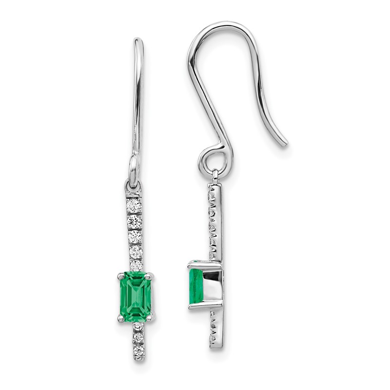 14k White Gold 1/8 carat Lab Grown Diamond VS/SI+ G+ and Created Emerald Complete Sheppards Hook Earrings