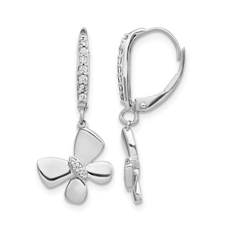 14k White Gold 1/6 carat Diamond Butterfly Dangle Leverback Earrings