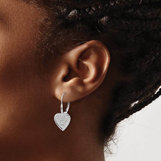 14k White Gold 1/2 carat Diamond Pave Fancy Heart Leverback Earrings
