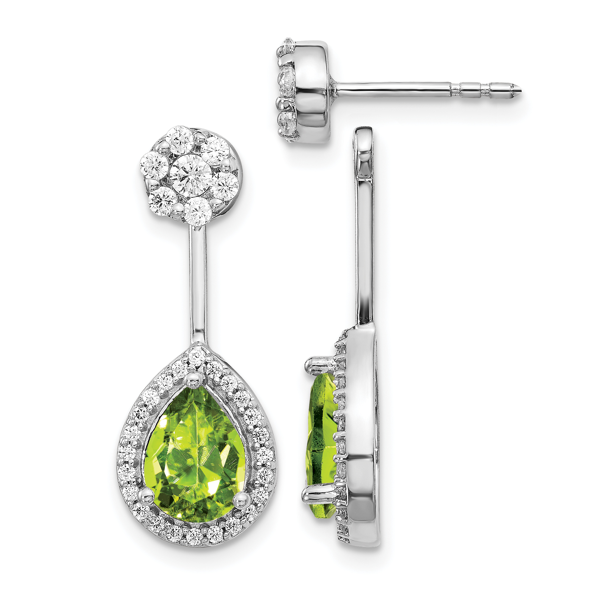 14k White Gold Diamond/Pear Peridot Front/Back Earrings (EM4199-PE-062-WA)