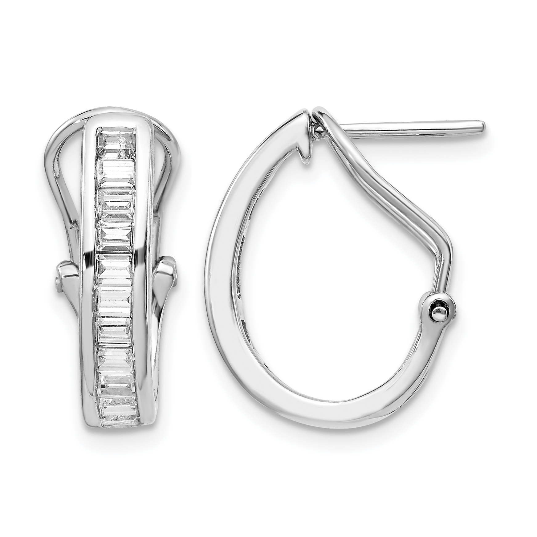 14k White Gold Baguette Diamond Omega Back Hoop Earrings (EM4224-050-WA)
