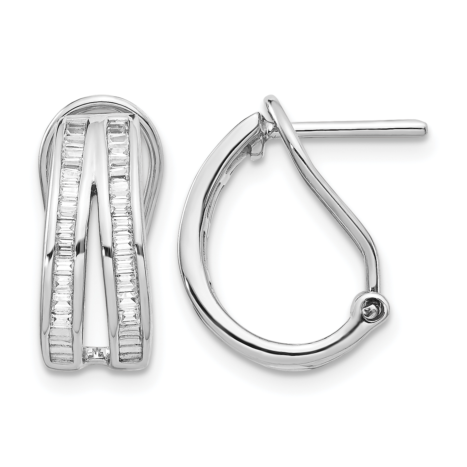 14k White Gold 2-row Baguette Diamond Omega Back Hoop Earrings (EM4226-050-WA)
