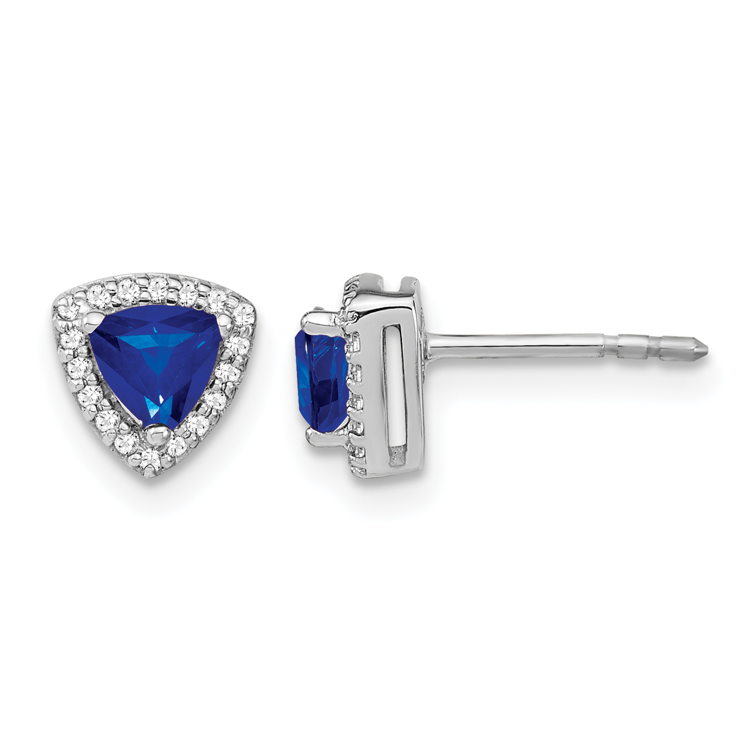 14k White Gold Trillion Sapphire and Diamond Halo Earrings (EM4240-SA-014-WA)