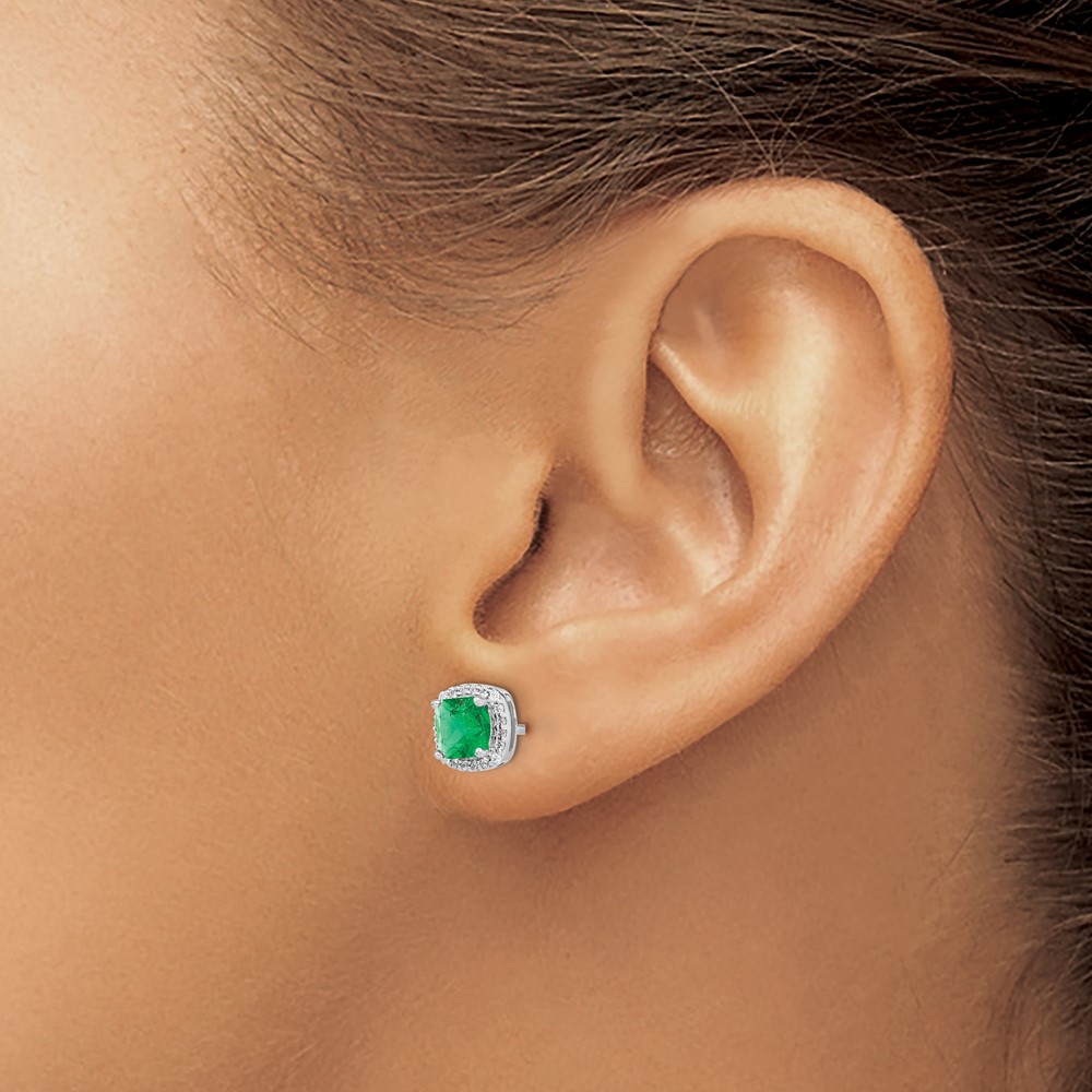 14k White Gold Cushion Emerald and Diamond Halo Earrings (EM4241-EM-015-WA)