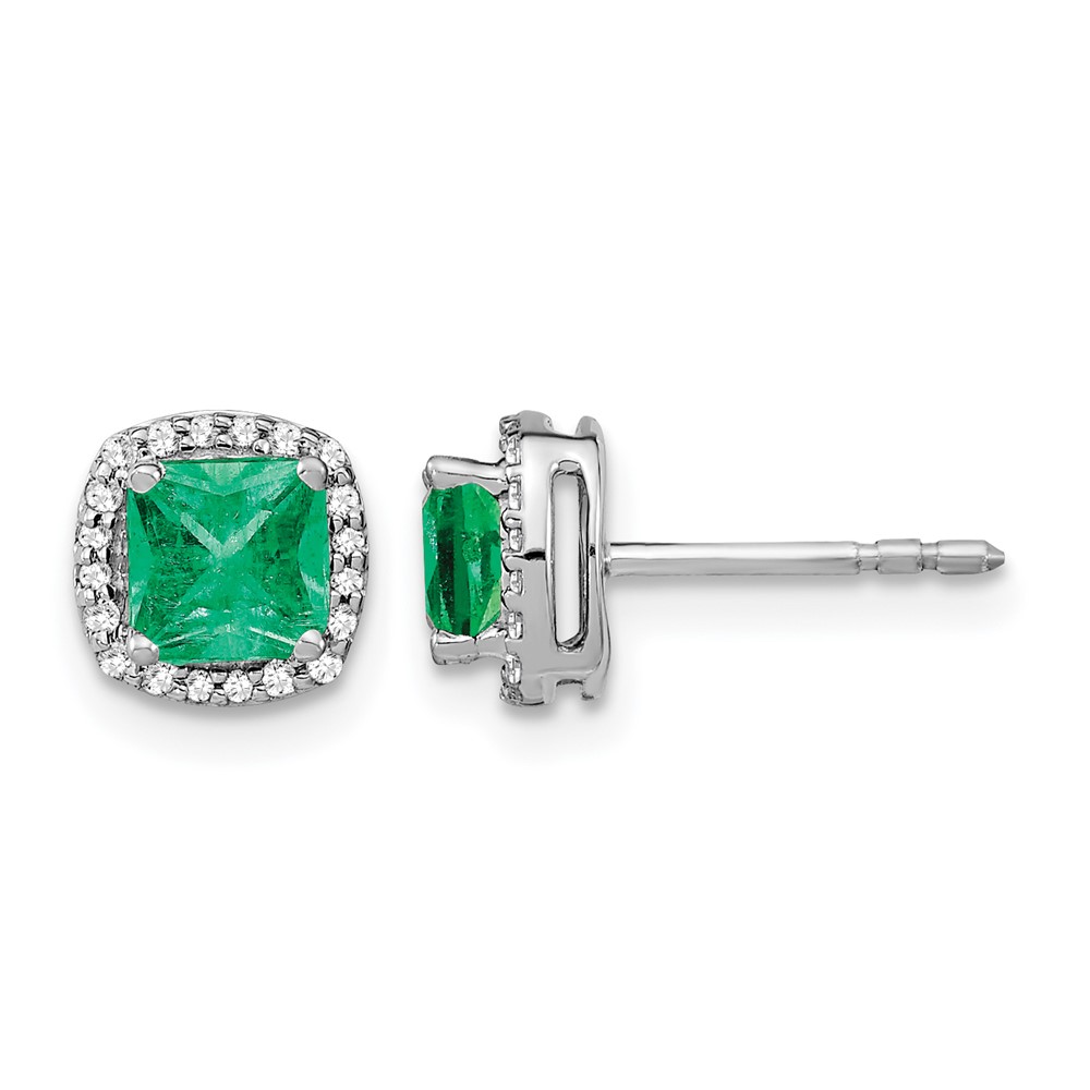 14k White Gold Cushion Emerald and Diamond Halo Earrings (EM4241-EM-015-WA)