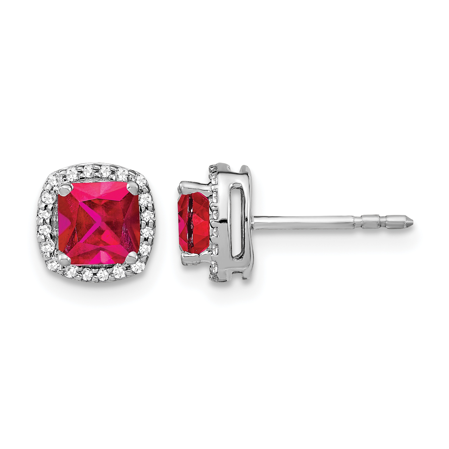 14k White Gold Cushion Ruby and Diamond Halo Earrings (EM4241-RU-015-WA)