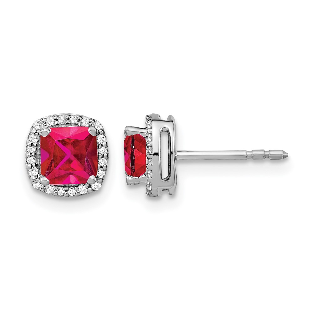 14k White Gold Cushion Ruby and Diamond Halo Earrings (EM4241-RU-015-WA)