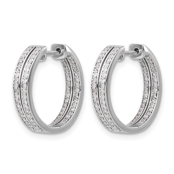 14k White Gold 2-row 3/4 carat Diamond In/Out Hinged Hoop Earrings
