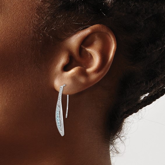 14k White Gold Diamond and Aquamarine Leaf Drop Wire Earrings