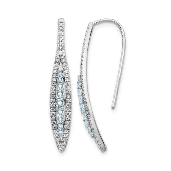 14k White Gold Diamond and Aquamarine Leaf Drop Wire Earrings