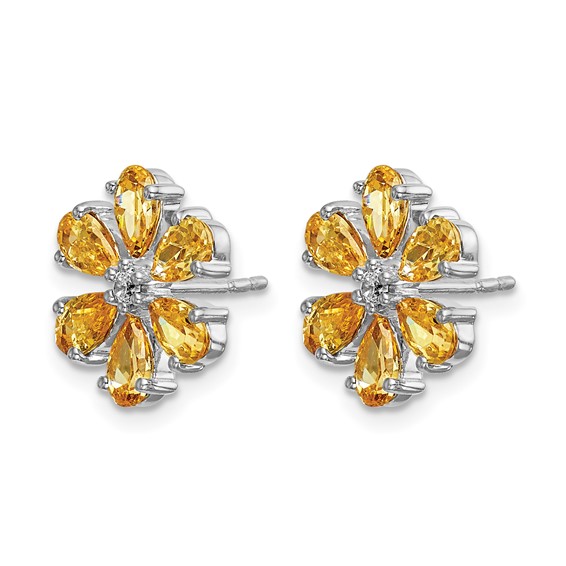 14k White Gold Diamond and Pear Citrine Flower Post Earrings