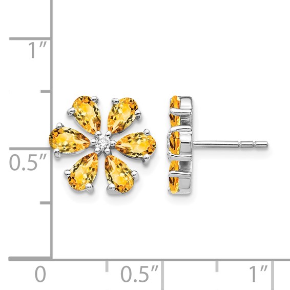 14k White Gold Diamond and Pear Citrine Flower Post Earrings