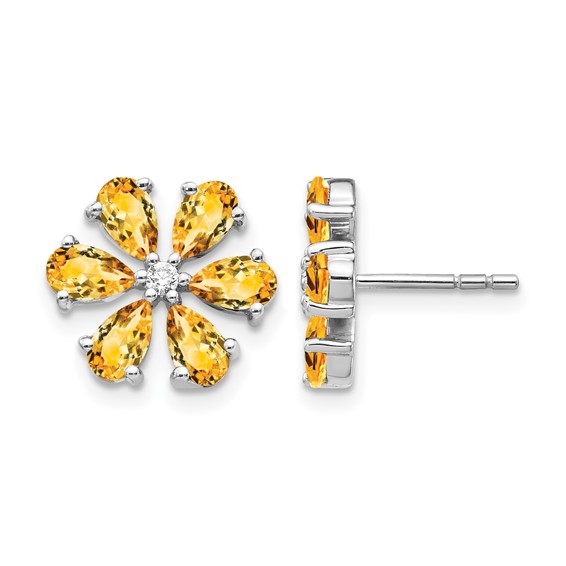 14k White Gold Diamond and Pear Citrine Flower Post Earrings