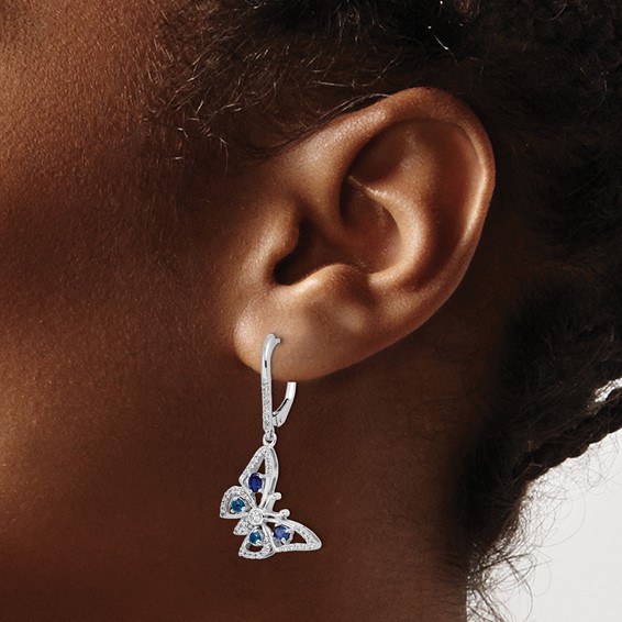 14k White Gold Diamond/Sapphire Butterfly Leverback Earrings