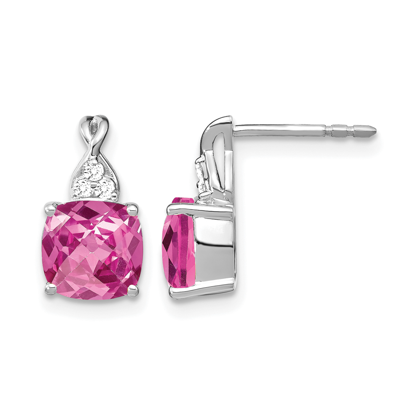 14K White Gold Checkerboard Created Pink Sapphire and Diamond Earrings (EM4393-CPS-006-WA)