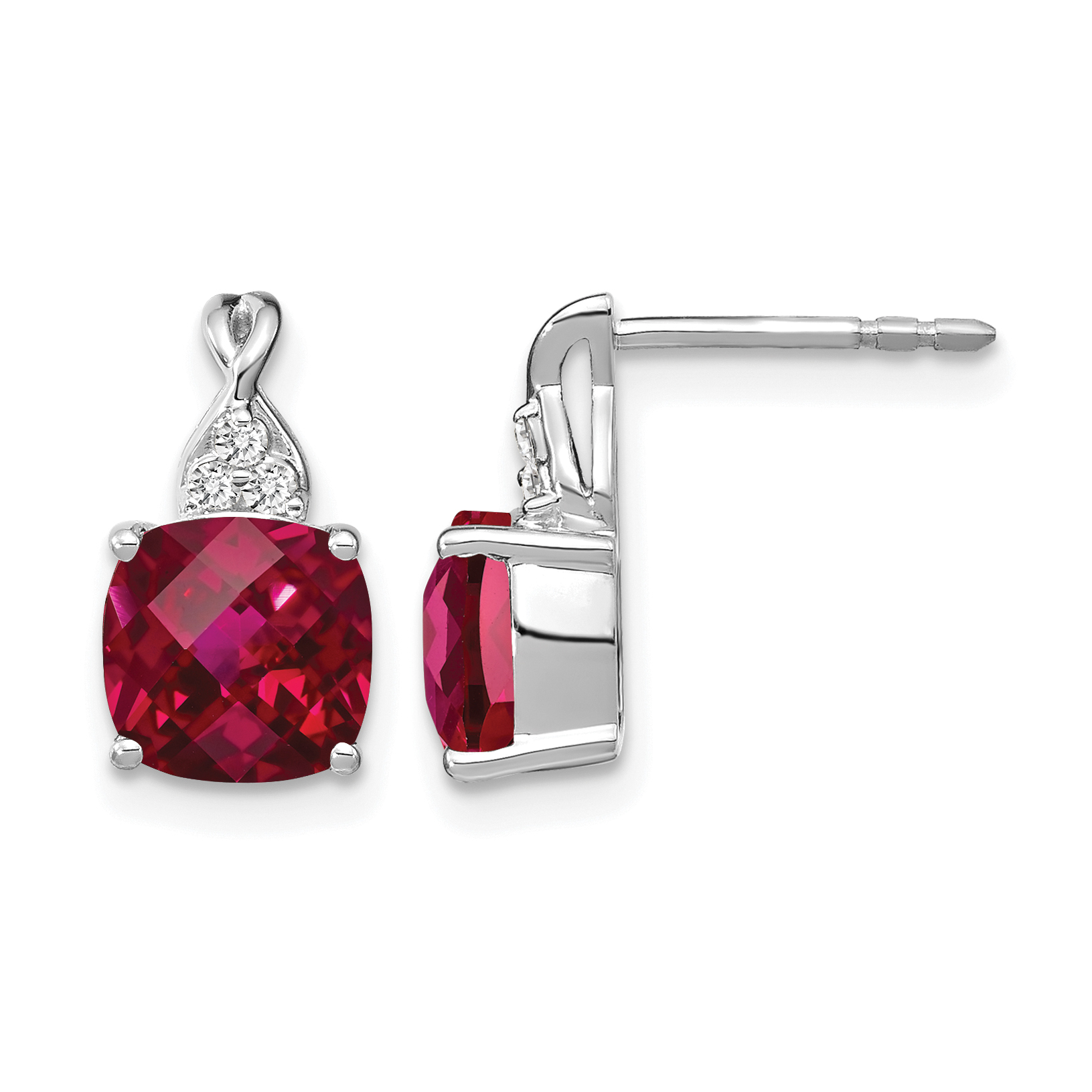 14K White Gold Checkerboard Created Ruby and Diamond Earrings (EM4393-CRU-006-WA)