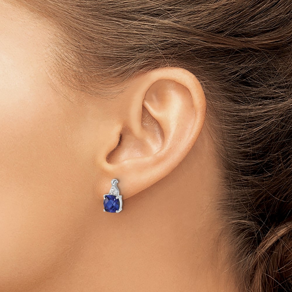 14K White Gold Checkerboard Created Sapphire and Diamond Earrings (EM4393-CSA-006-WA)