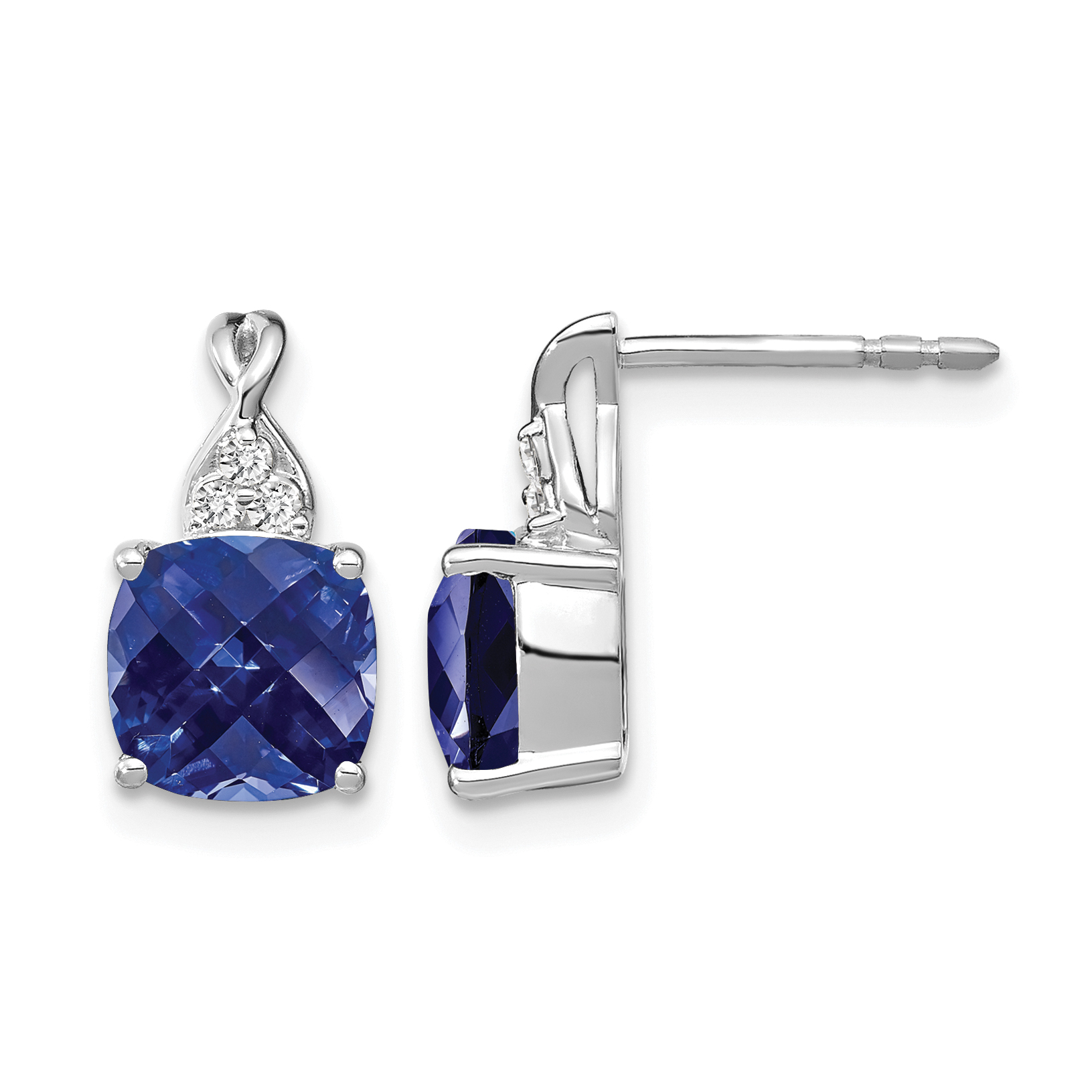 14K White Gold Checkerboard Created Sapphire and Diamond Earrings (EM4393-CSA-006-WA)