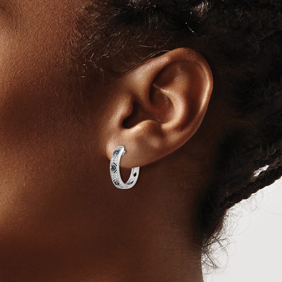 14k White Gold 1/10 carat Blue/White Diamond Hinged Hoop Earrings