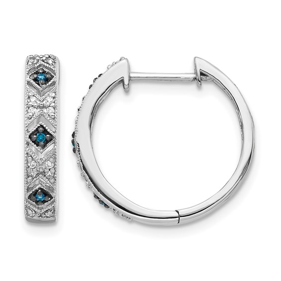 14k White Gold 1/10 carat Blue/White Diamond Hinged Hoop Earrings