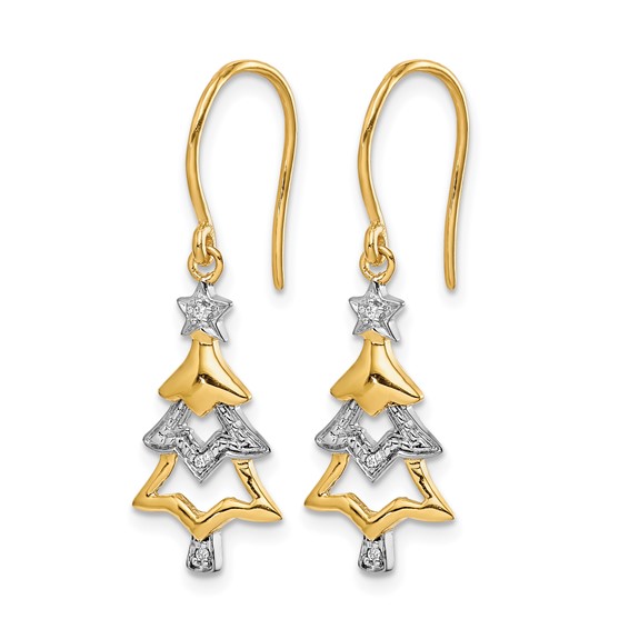 14k and White Rhodium Diamond Christmas Tree Dangle French Hook Earrings