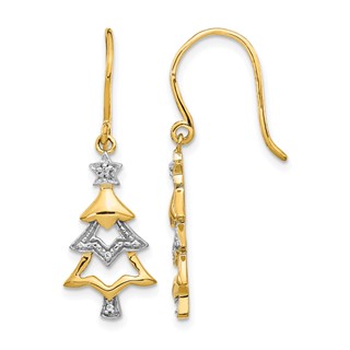 14k and White Rhodium Diamond Christmas Tree Dangle French Hook Earrings