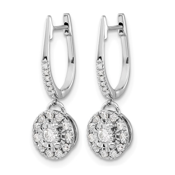 14k White Gold 1/3 carat Diamond Round Cluster Dangle Hinged Hoop Earrings