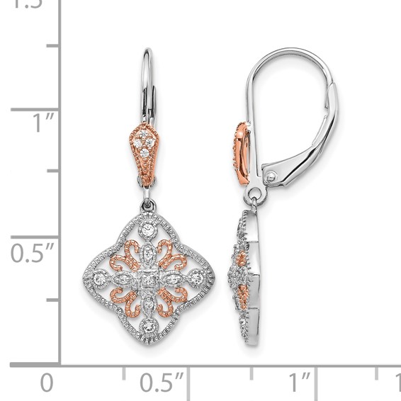 14k White Gold with Rose Rhodium 1/8 carat Diamond Leverback Earrings