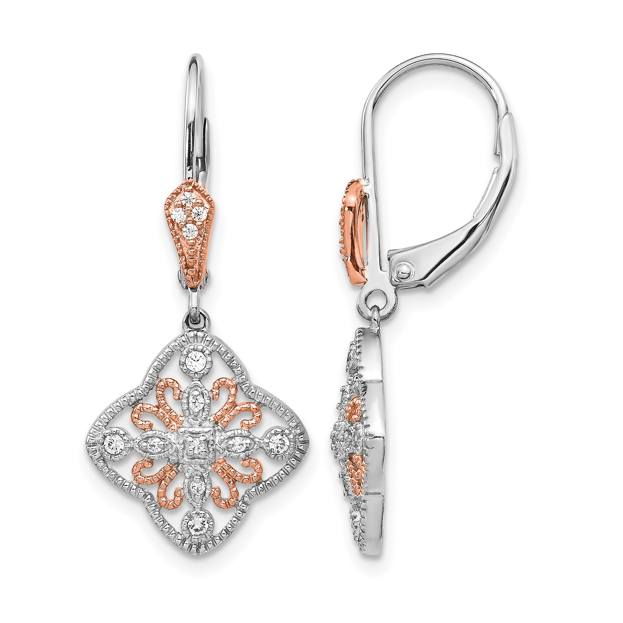 14k White Gold w/Rose Rhodium Diamond Leverback Earrings (EM5547-013-WA)