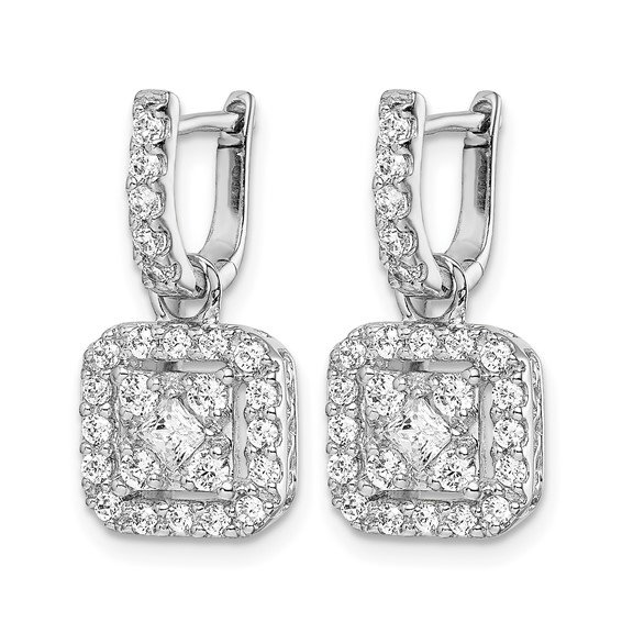 14k White Gold 7/8 carat Diamond Square Cluster Dangle Hinged Earrings
