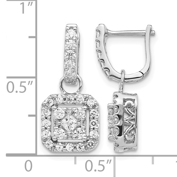 14k White Gold 7/8 carat Diamond Square Cluster Dangle Hinged Earrings