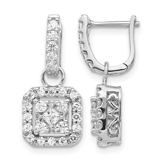 14k White Gold 7/8 carat Diamond Square Cluster Dangle Hinged Earrings
