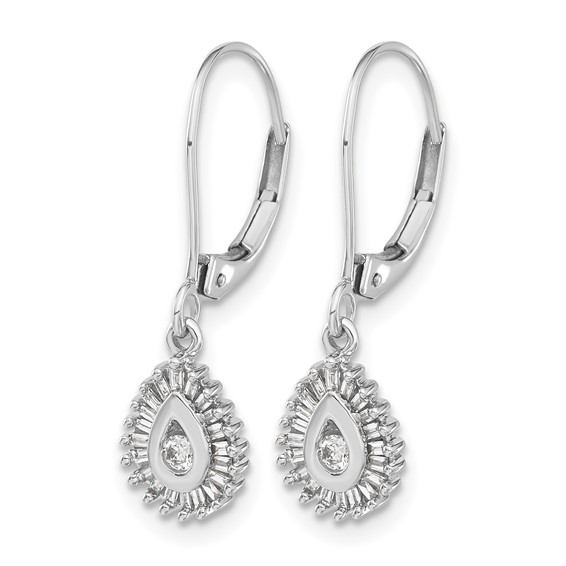 10k White Gold Baguette Diamond Teardrop Halo Leverback Earrings