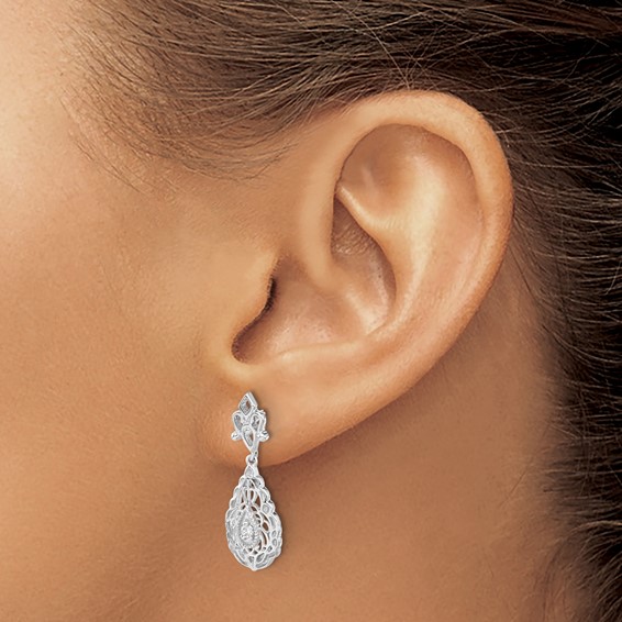 14k White Gold 1/20 carat Diamond Teardrop Vintage-style Dangle Post Earrings
