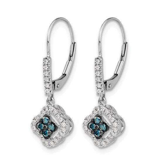 14k White Gold 3/8 carat White and Blue Diamond Dangle Leverback Earrings