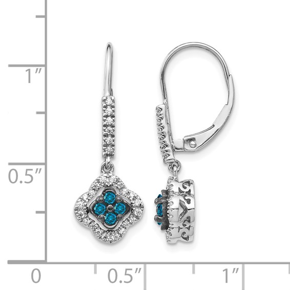 14k White Gold 3/8 carat White and Blue Diamond Dangle Leverback Earrings
