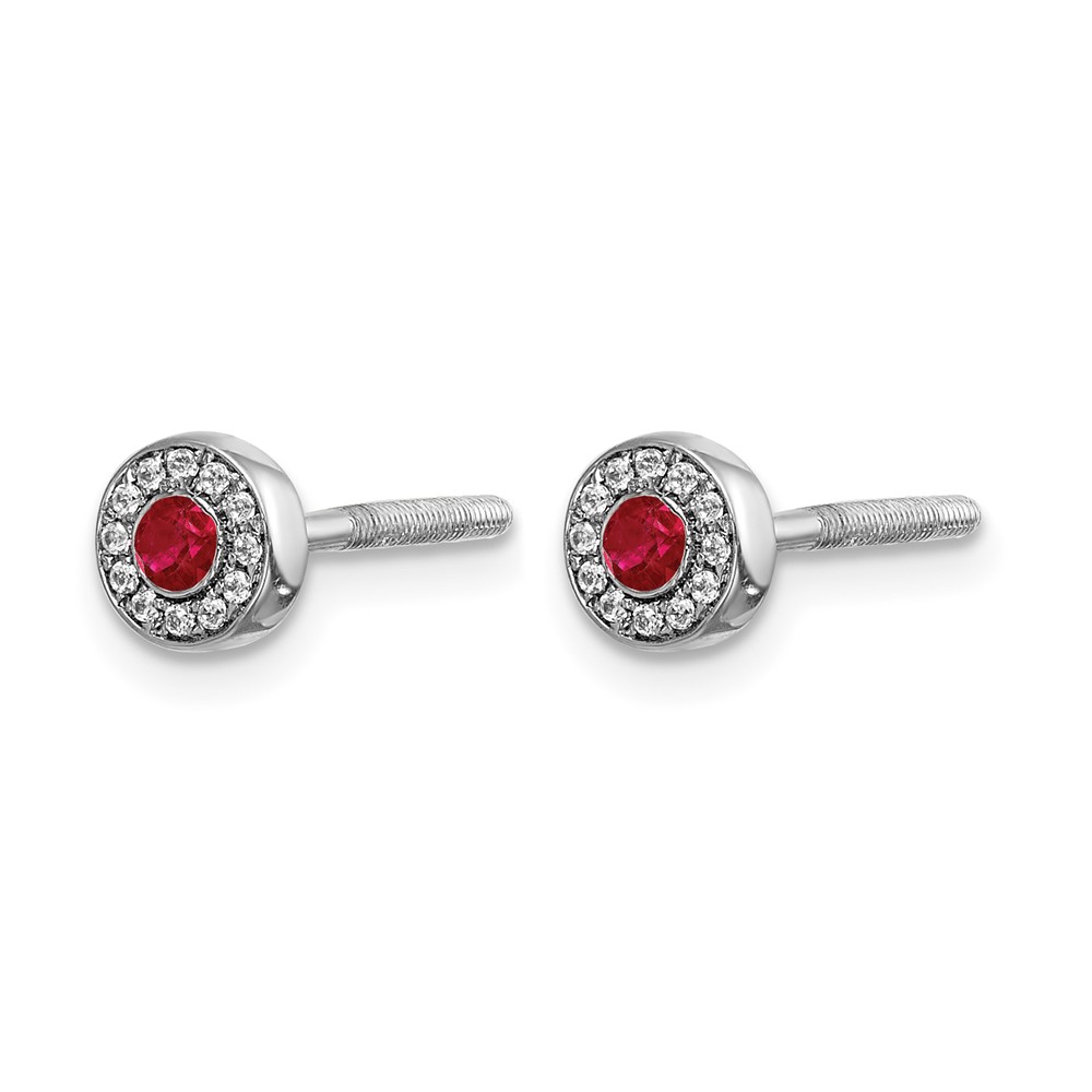 14k White Gold Diamond and Ruby Halo Post Earrings (EM5586-RU-007-WA)