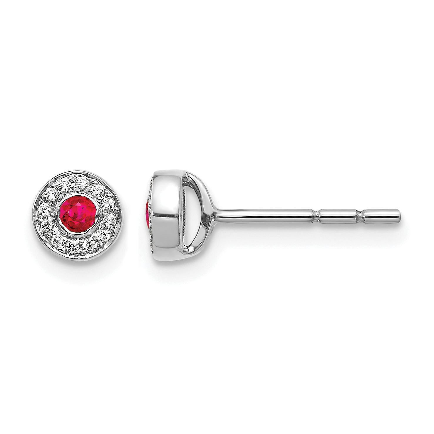 14k White Gold Diamond and Ruby Halo Post Earrings (EM5586-RU-007-WA)