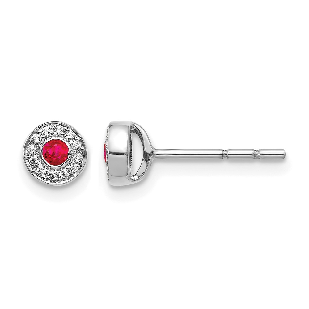 14k White Gold Diamond and Ruby Halo Post Earrings (EM5586-RU-007-WA)