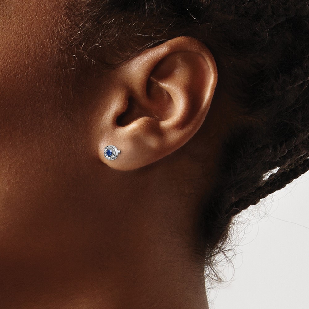 14k White Gold Diamond and Sapphire Halo Post Earrings (EM5586-SA-007-WA)