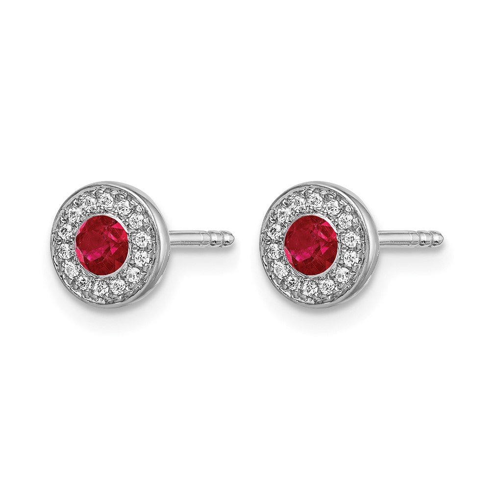 14k White Gold Diamond and Ruby Halo Post Earrings (EM5587-RU-010-WA)