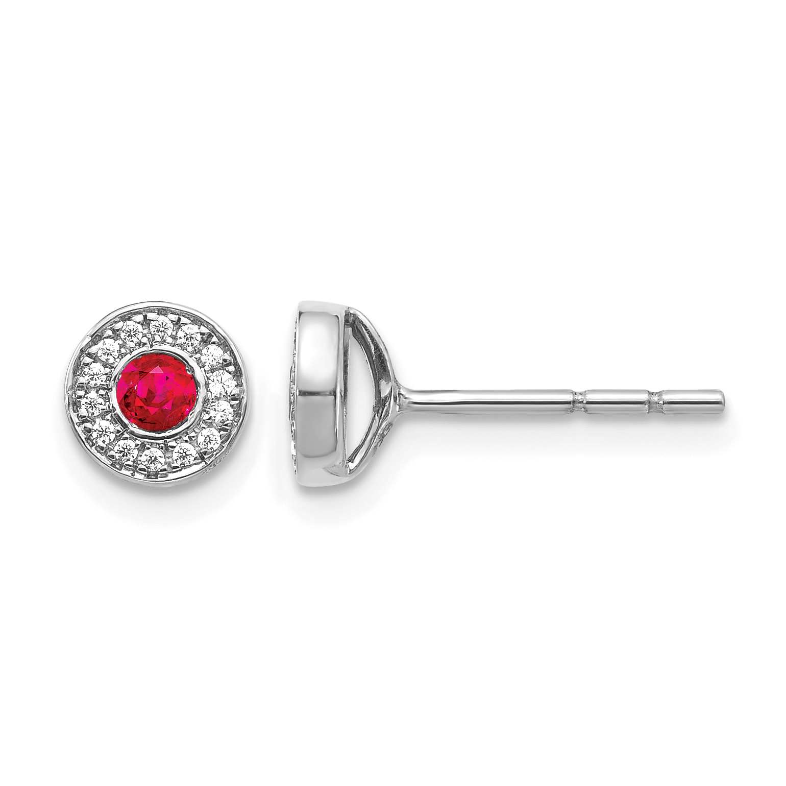 14k White Gold Diamond and Ruby Halo Post Earrings (EM5587-RU-010-WA)
