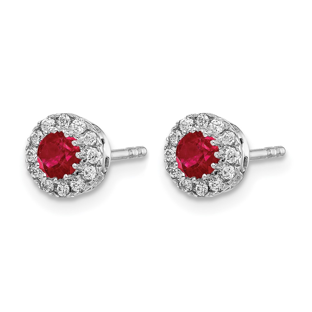 14k White Gold Diamond and Ruby Halo Post Earrings (EM5588-RU-016-WA)