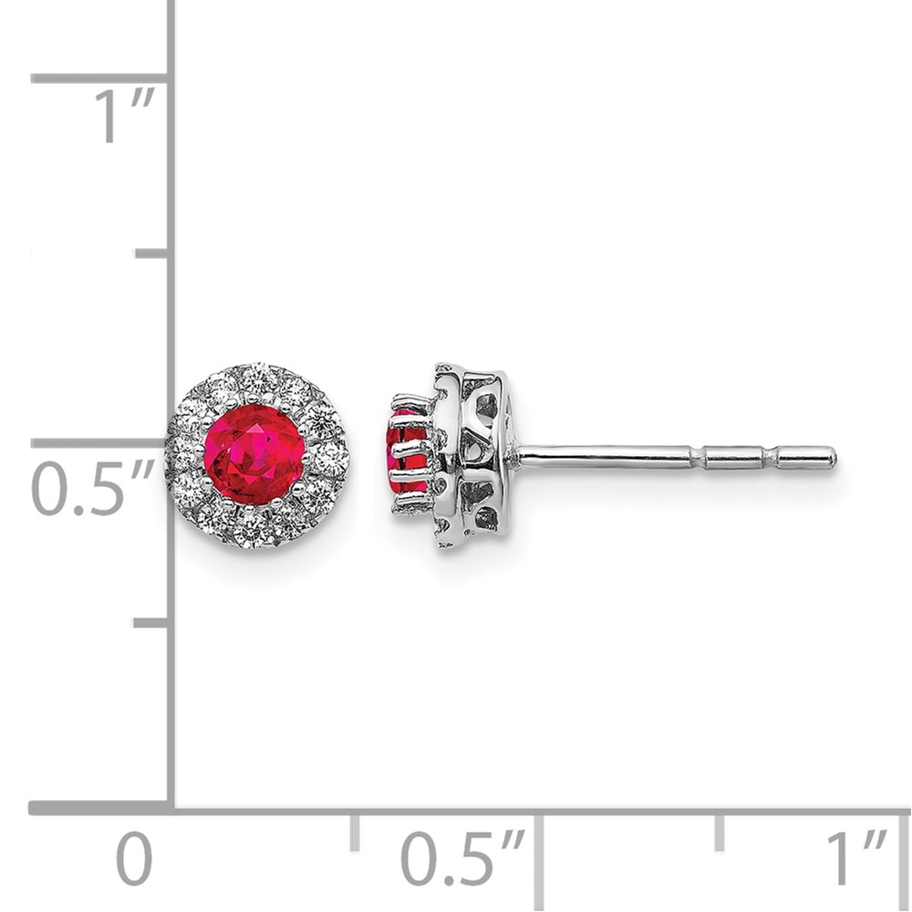 14k White Gold Diamond and Ruby Halo Post Earrings (EM5588-RU-016-WA)